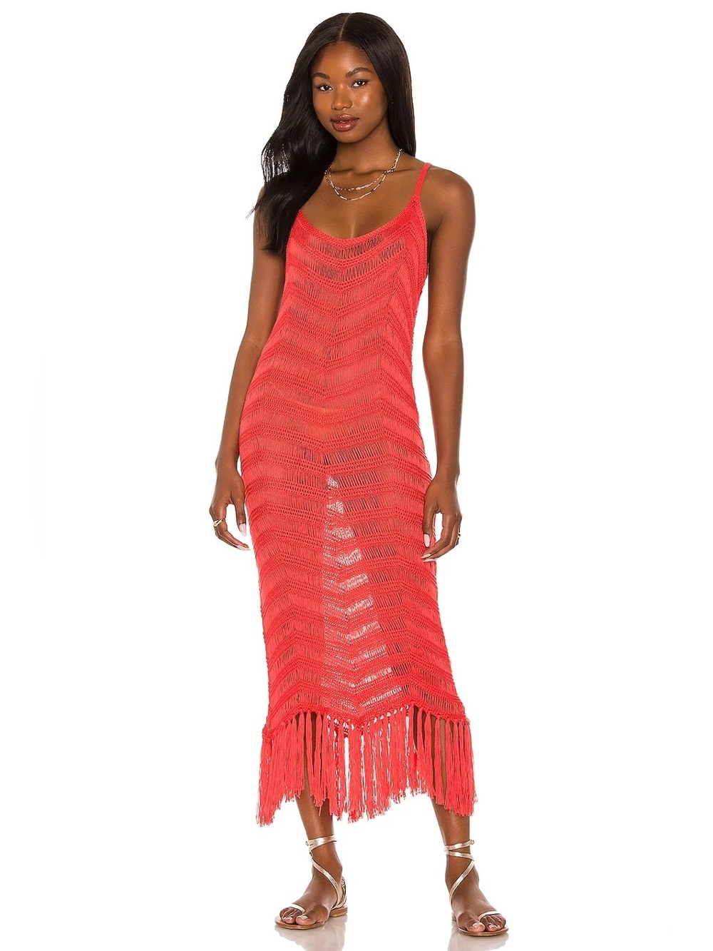 525 Fringe Dress in Coral Size M/L